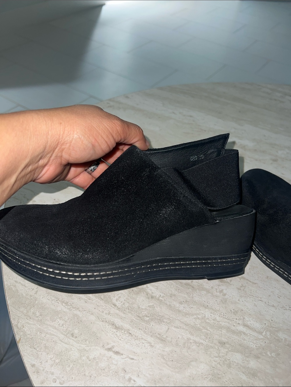 Antelope Black Suede Platform Slip-On Wedges